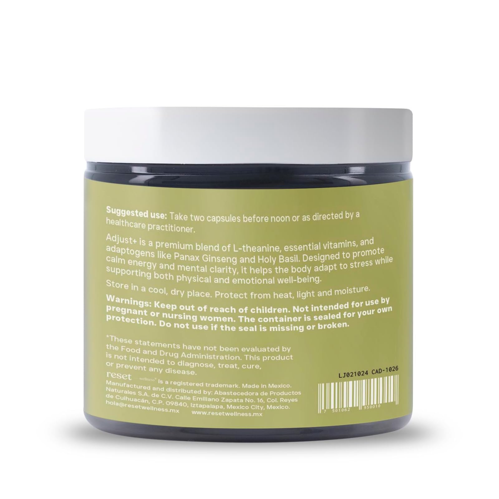 Reset Wellness Adjust+ capsules close-up emphasizes potency and consistency.