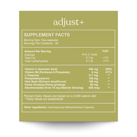 Reset Wellness Adjust+ capsules close-up highlights calm energy and focus benefits.