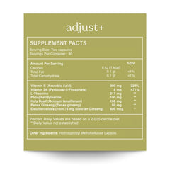 Reset Wellness Adjust+ capsules close-up highlights calm energy and focus benefits.