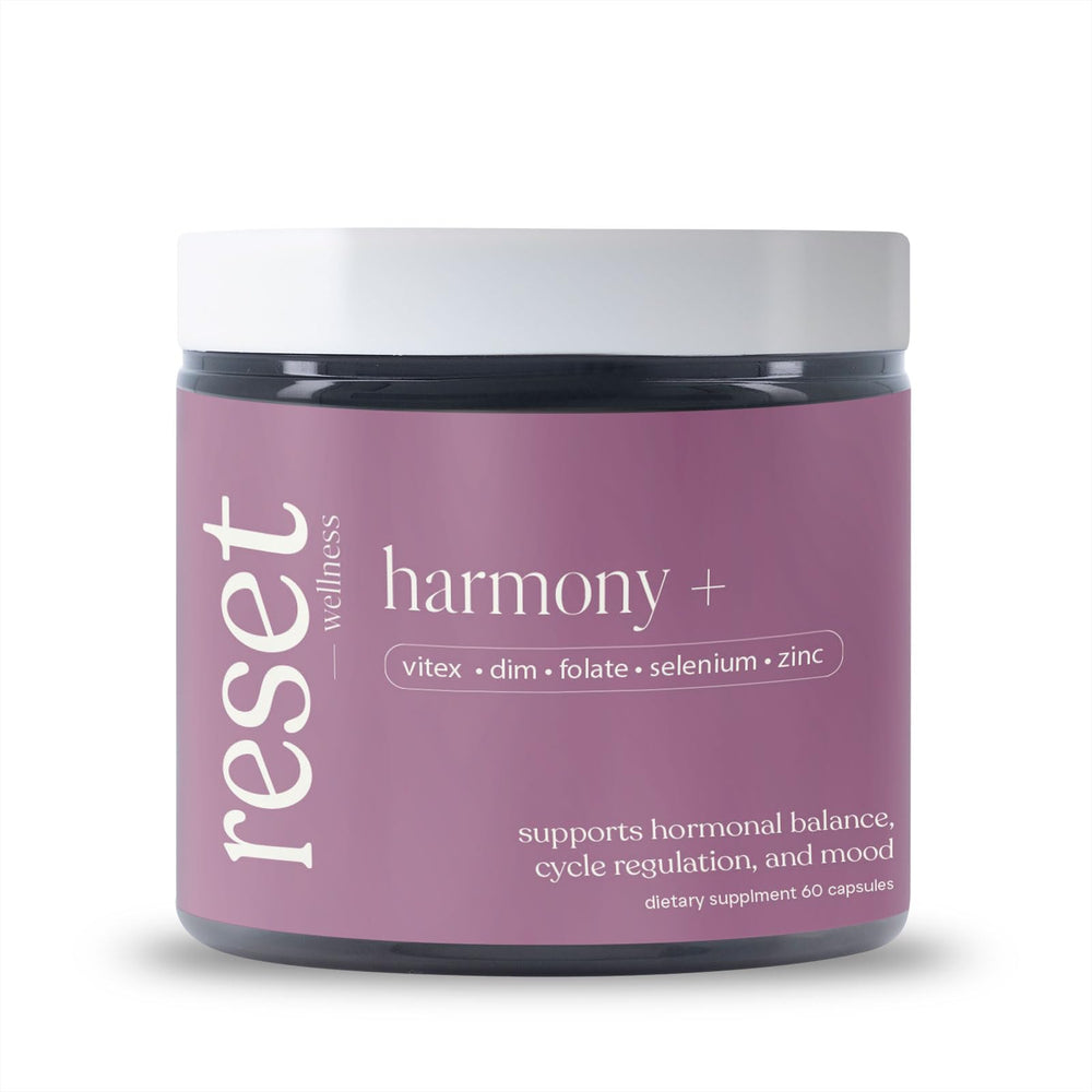 Reset Wellness Harmony+ bottle pour may support cycle regularity and mood balance.