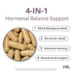 Reset Wellness Harmony+ capsules closeup emphasizes Vitex and DIM in a daily regimen.