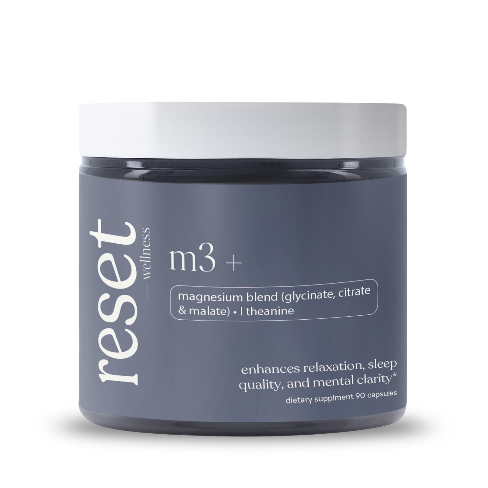 Reset Wellness M3+ bottle shows a balanced magnesium blend for calmer evenings and smoother sleep.