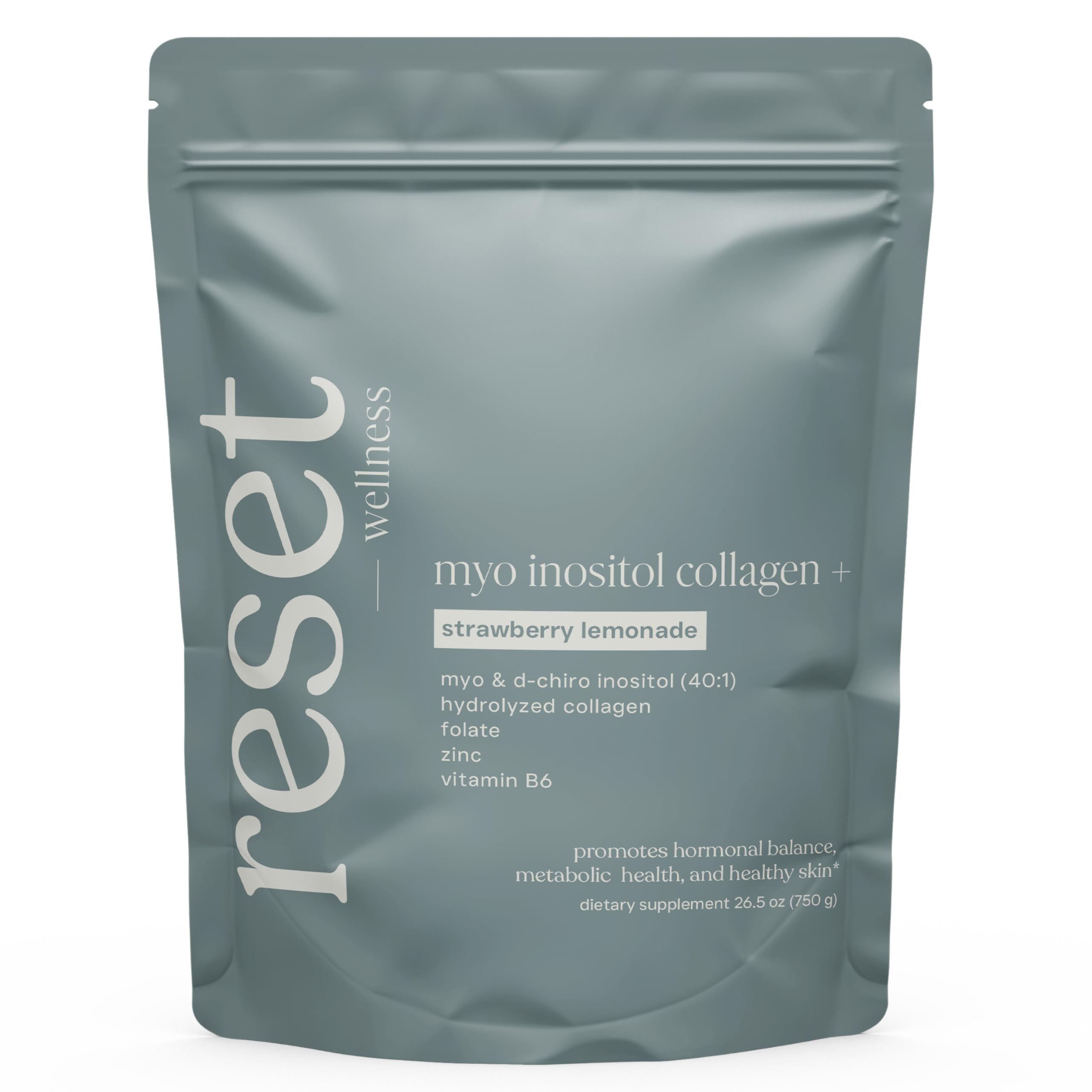 Reset Wellness MYO INOSITOL Collagen+ bottle showing 40:1 ratio and key ingredients