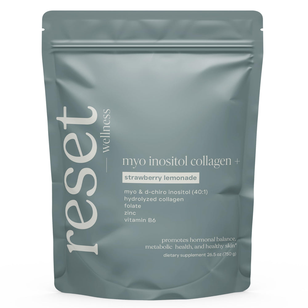 Reset Wellness MYO INOSITOL Collagen+ bottle showing 40:1 ratio and key ingredients