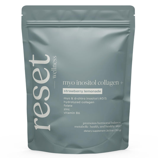 Reset Wellness MYO INOSITOL Collagen+ bottle showing 40:1 ratio and key ingredients