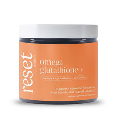 Reset Wellness Omega GLUTATHIONE+ bottle front for triple-action heart and brain support.