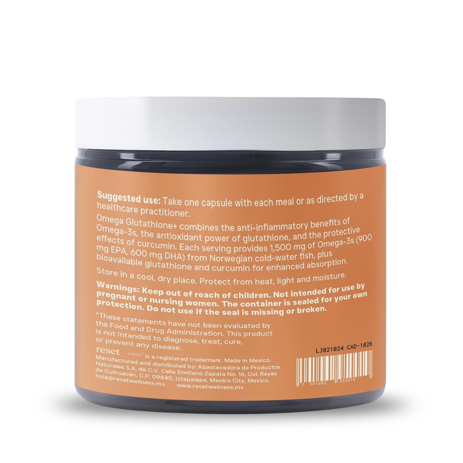 Reset Wellness Omega GLUTATHIONE+ glass bottle with capsules ready for daily ritual.