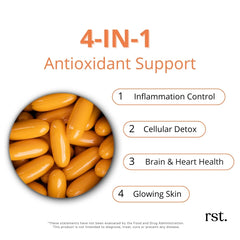 Reset Wellness Omega GLUTATHIONE+ bottle with antioxidants and curcumin notes.