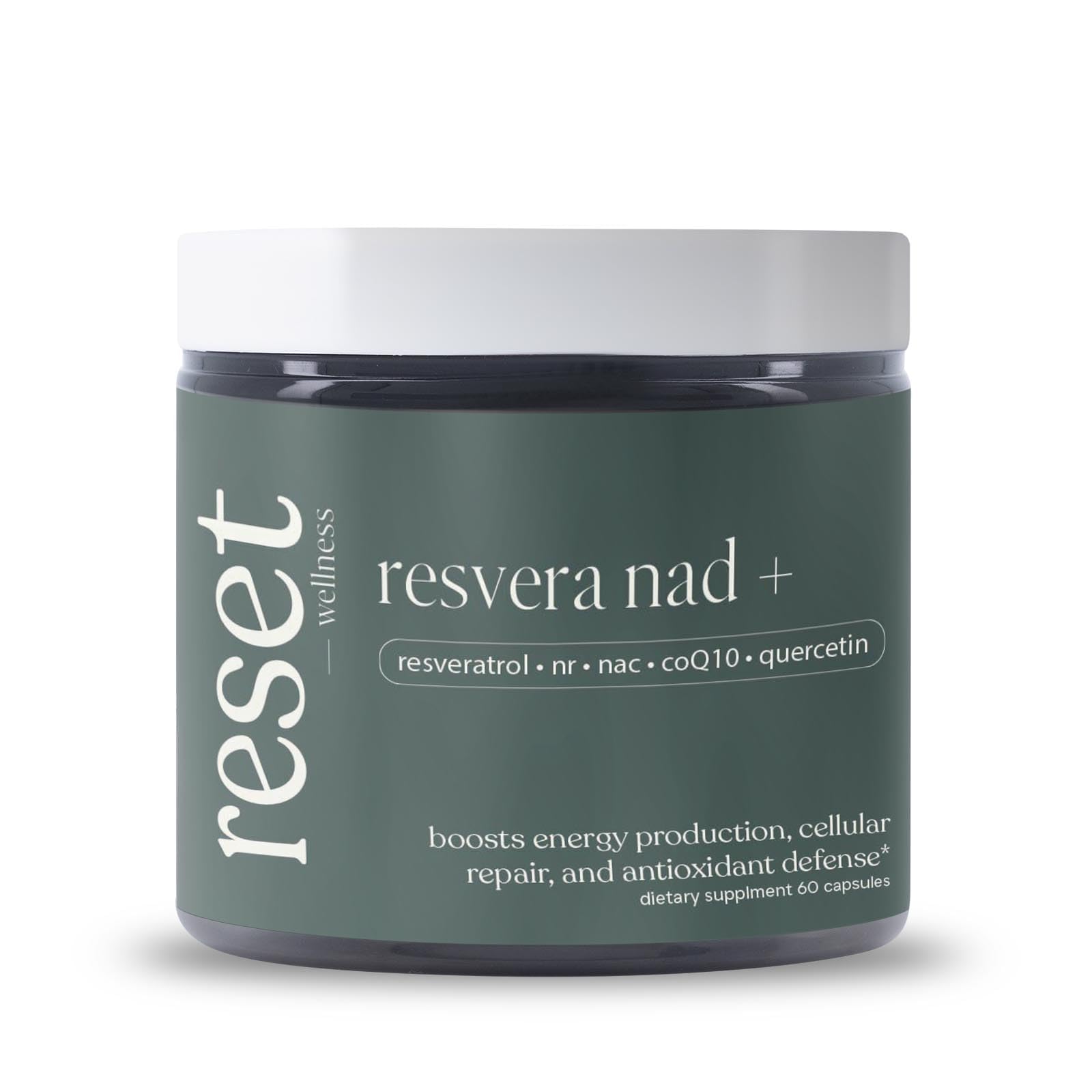 Reset Wellness Resvera NAD+ bottle on a clean surface for daily energy support.