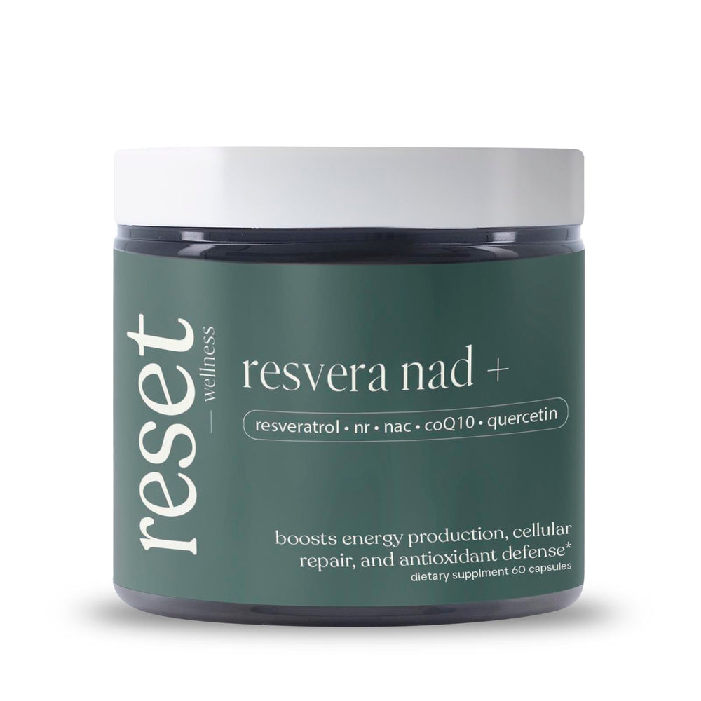 Reset Wellness Resvera NAD+ bottle on a clean surface for daily energy support.
