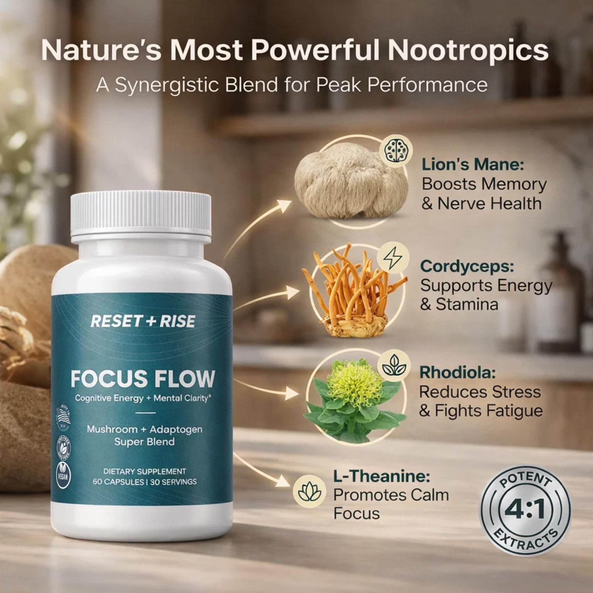 Reset+Rise Cordyceps extract capsules highlight sustained stamina