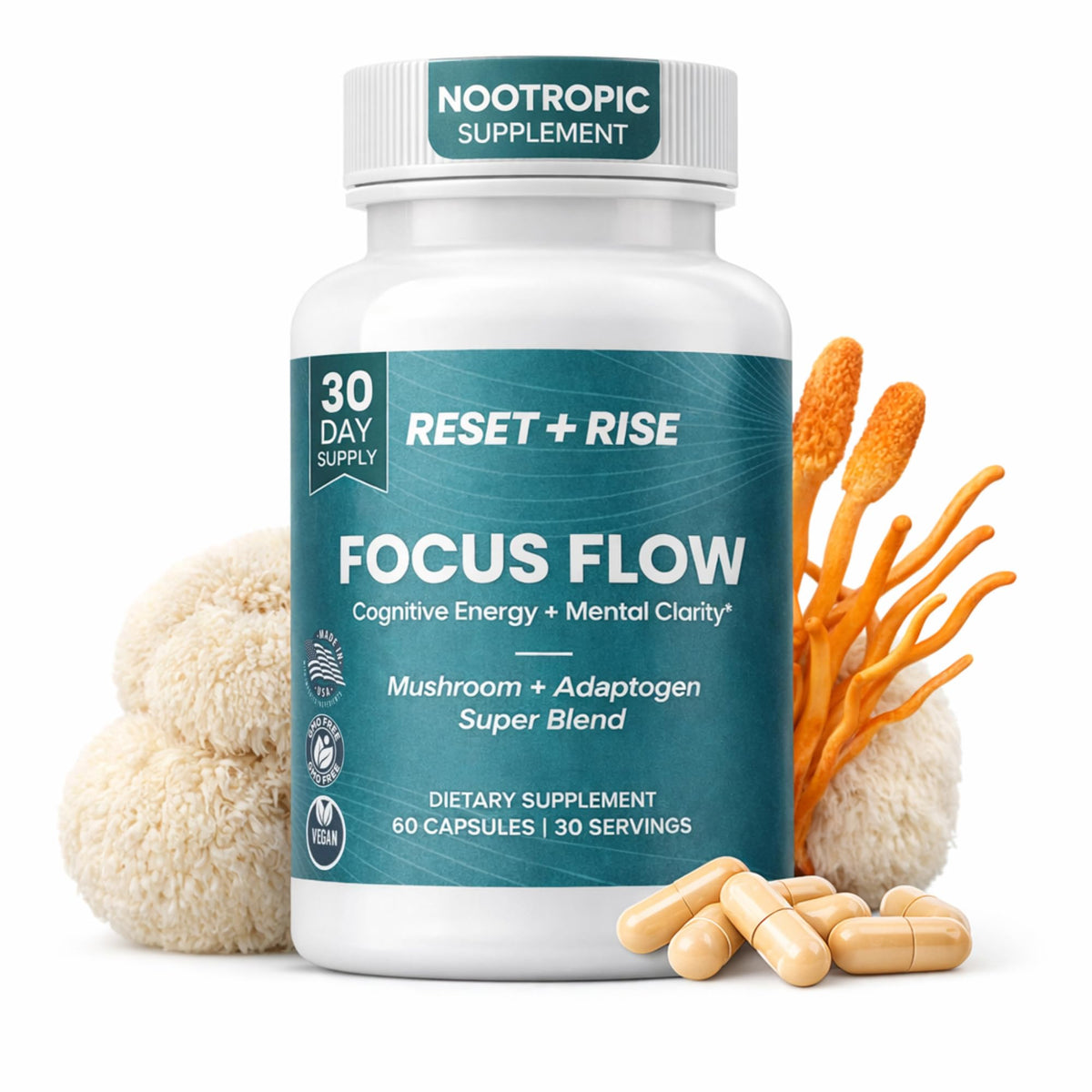 Reset+Rise nootropic bottle front for focused daily performance