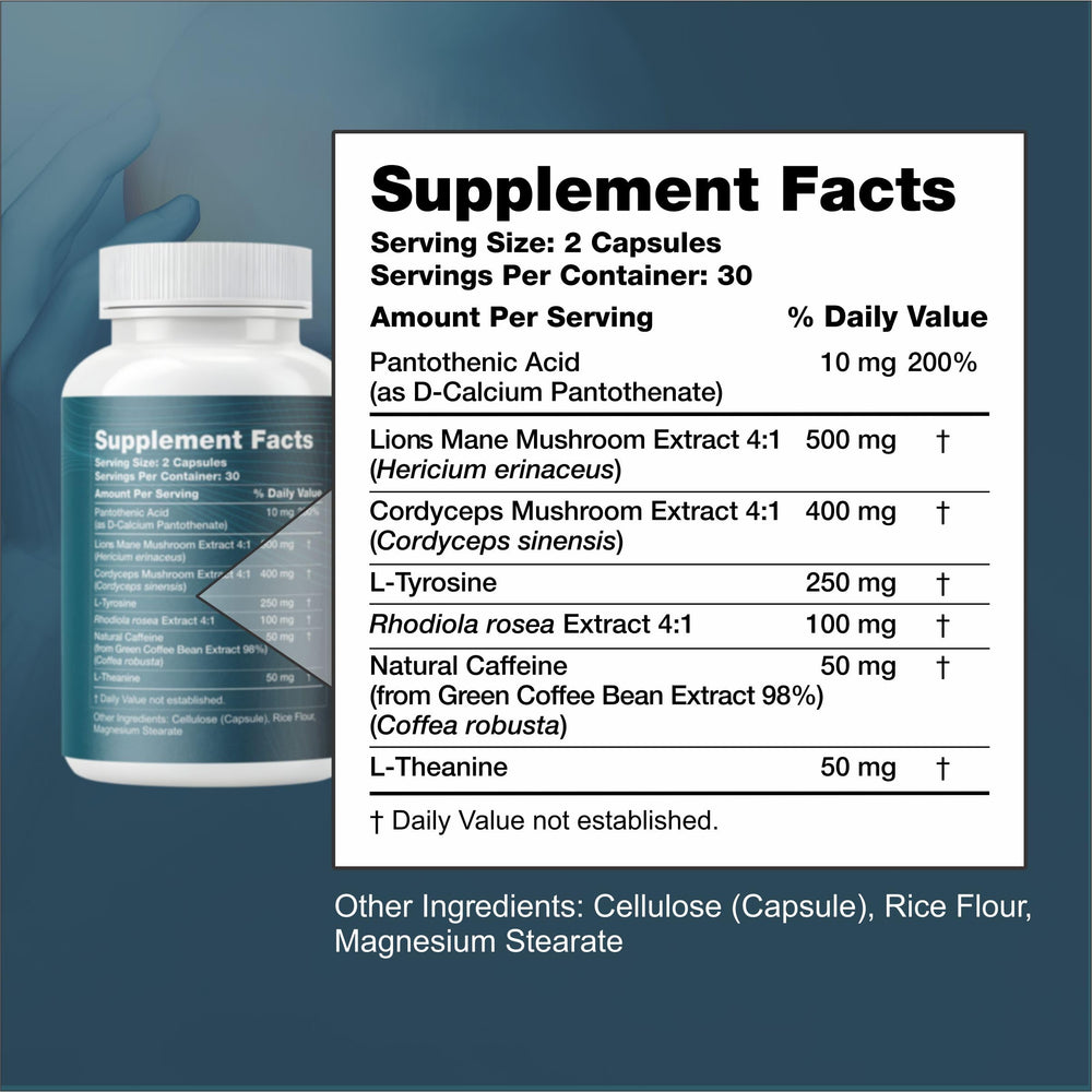 Reset+Rise nootropic capsules close-up showing vegan, non-GMO formula