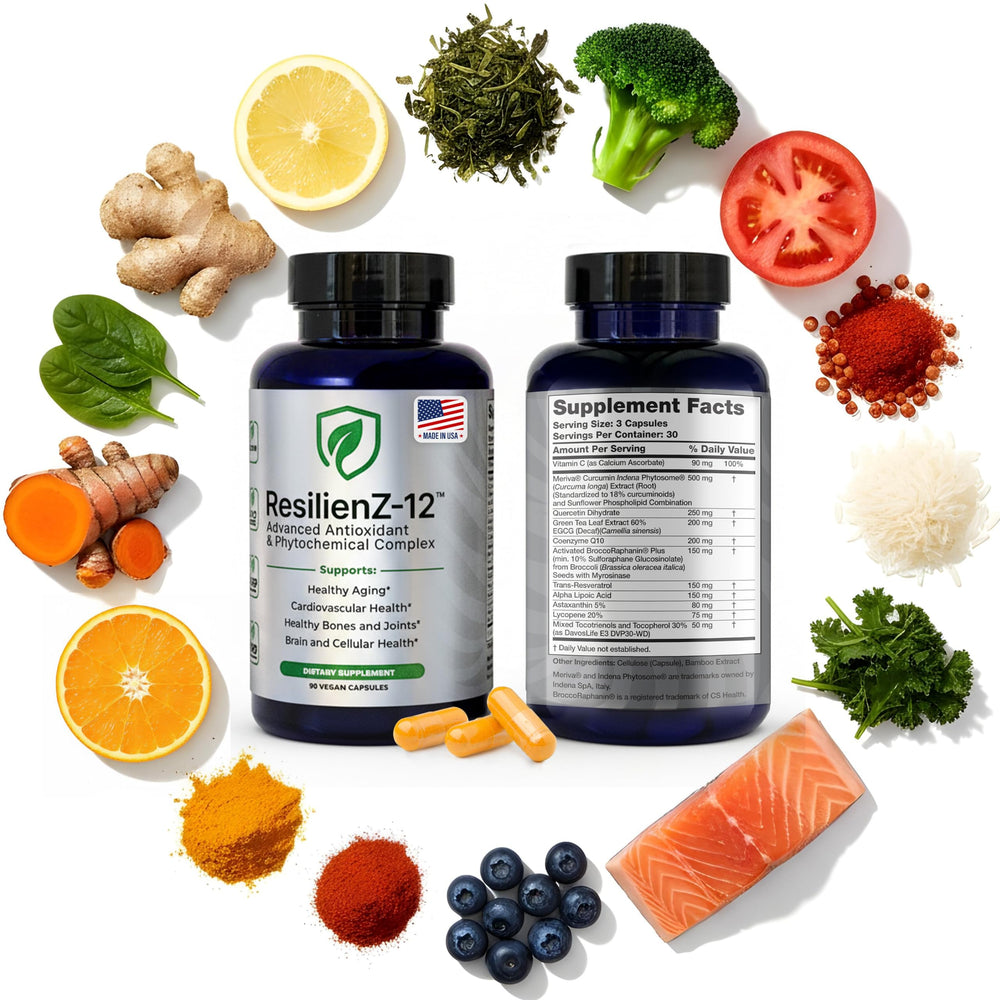 ResilienZ-12 bottle front promotes daily vitality and aging resilience
