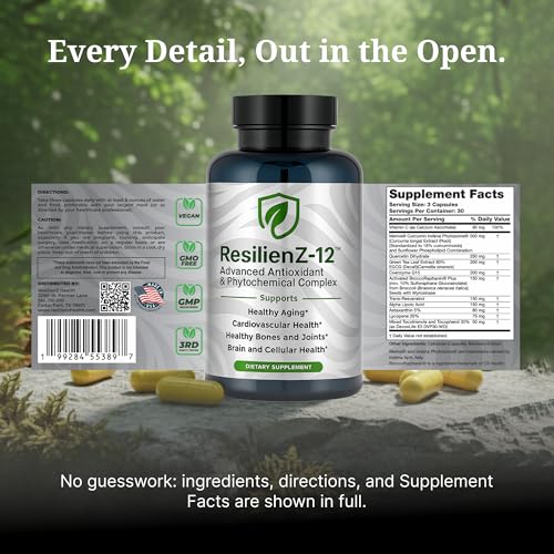 ResilienZ-12 capsules closeup highlights 12-in-1 antioxidant blend