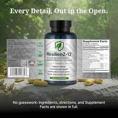 ResilienZ-12 capsules closeup highlights 12-in-1 antioxidant blend
