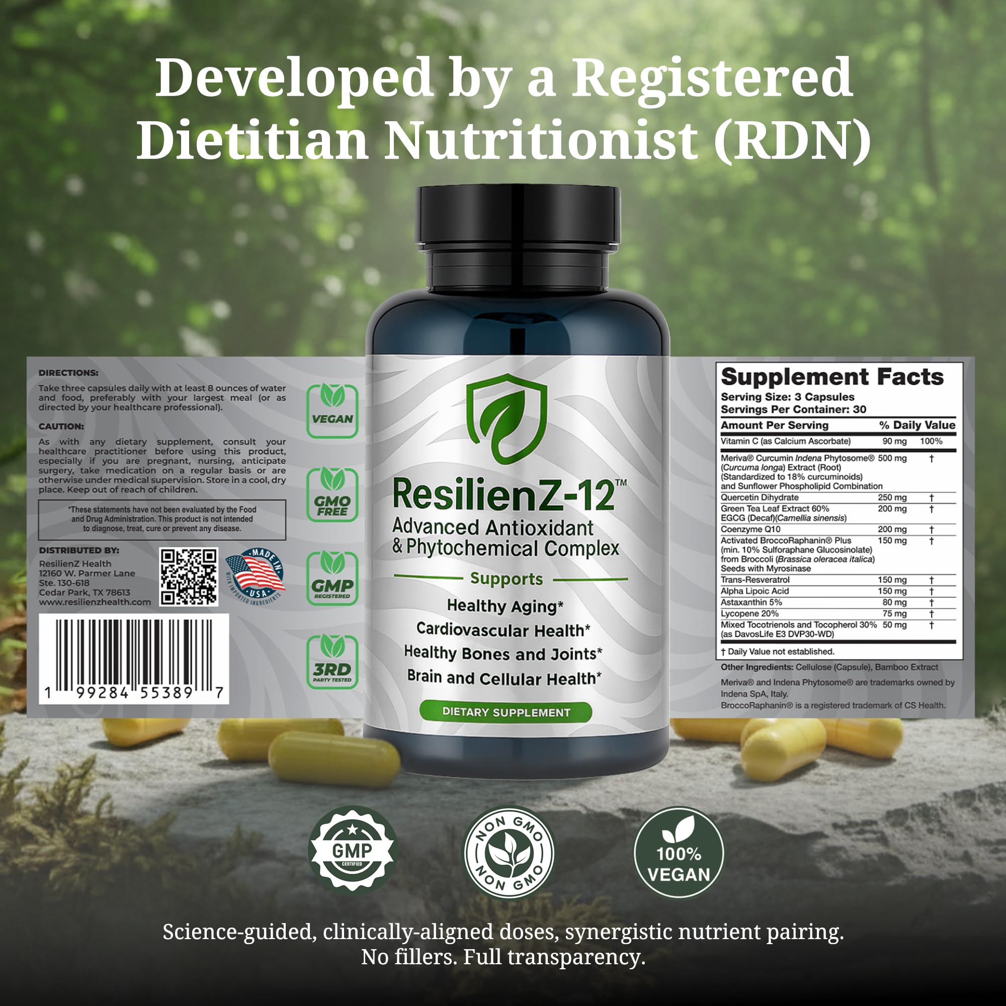 ResilienZ-12 product shot with glass of water suggests daily ritual