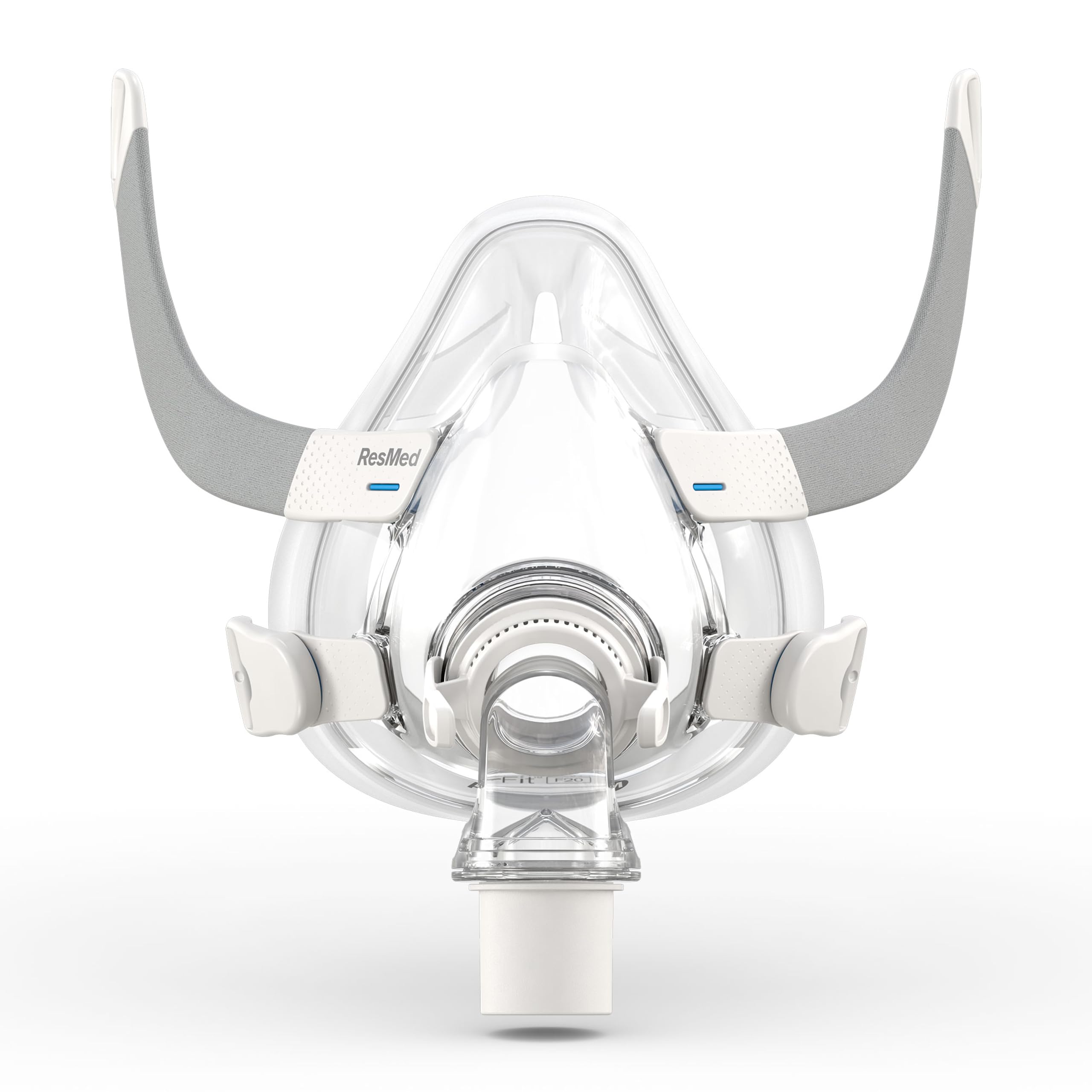 ResMed AirFit F20 frame close-up emphasizes secure fit for full-face CPAP users.