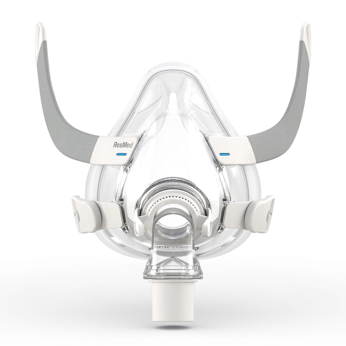 ResMed AirFit F20 frame close-up emphasizes secure fit for full-face CPAP users.