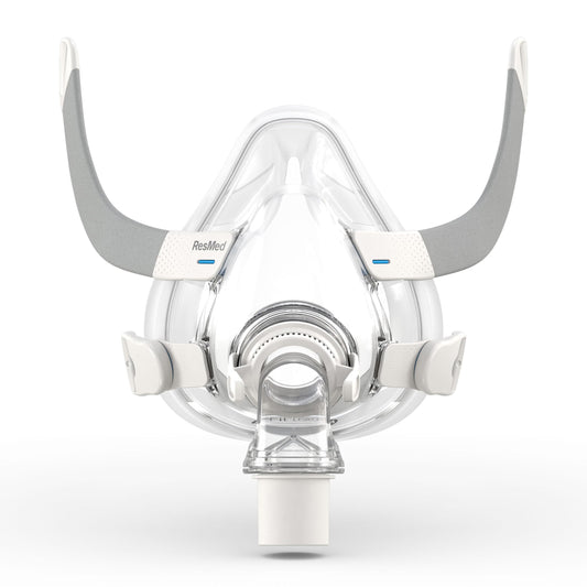 ResMed AirFit F20 frame close-up emphasizes secure fit for full-face CPAP users.