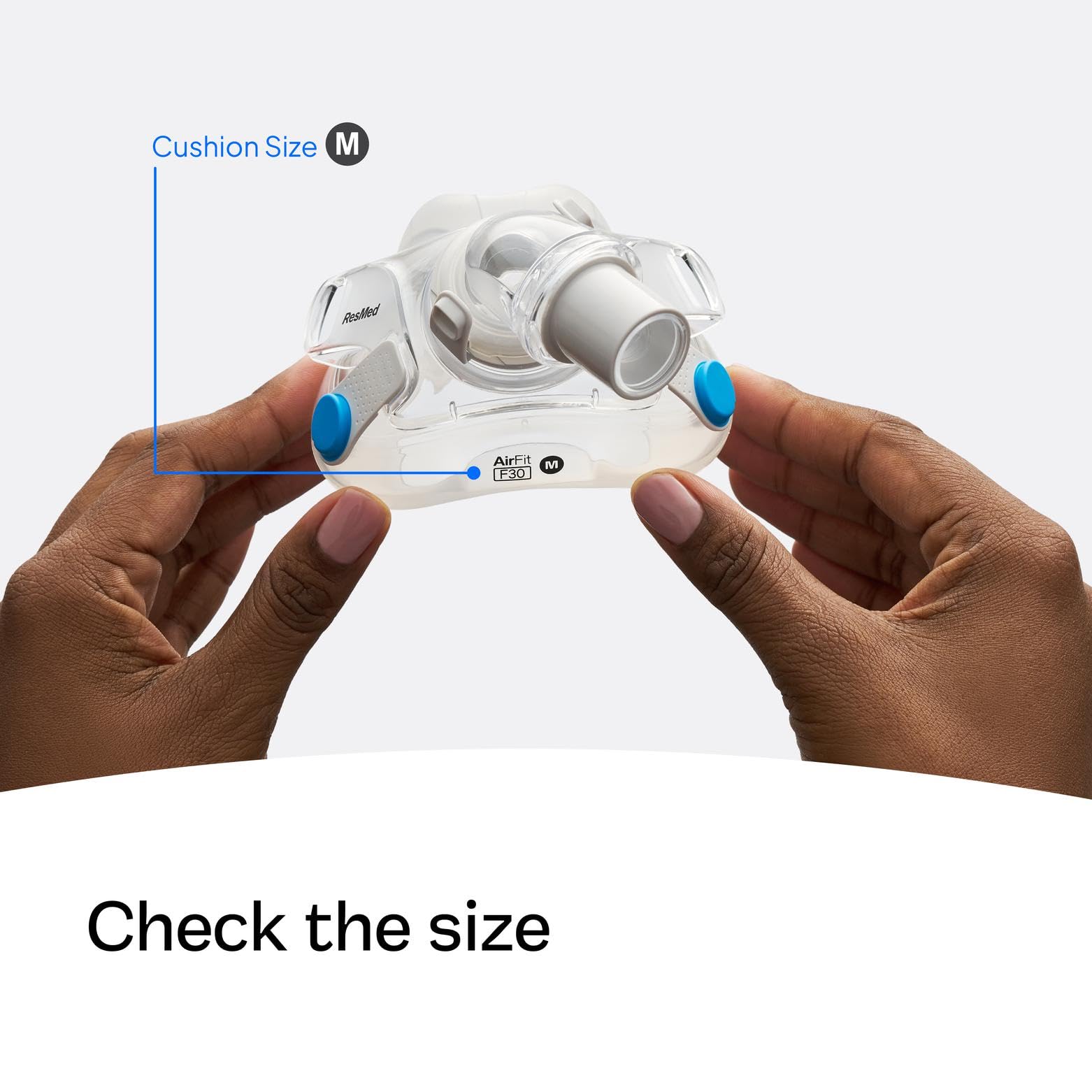 ResMed AirFit F30 elbow connector for a secure, smooth setup.