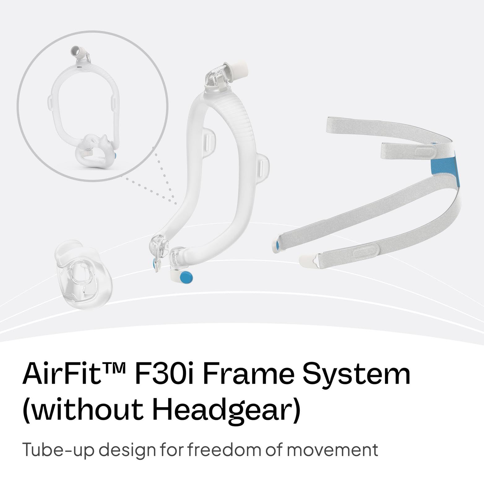 ResMed AirFit F30i frame without headgear for a lighter, less obstructive wear