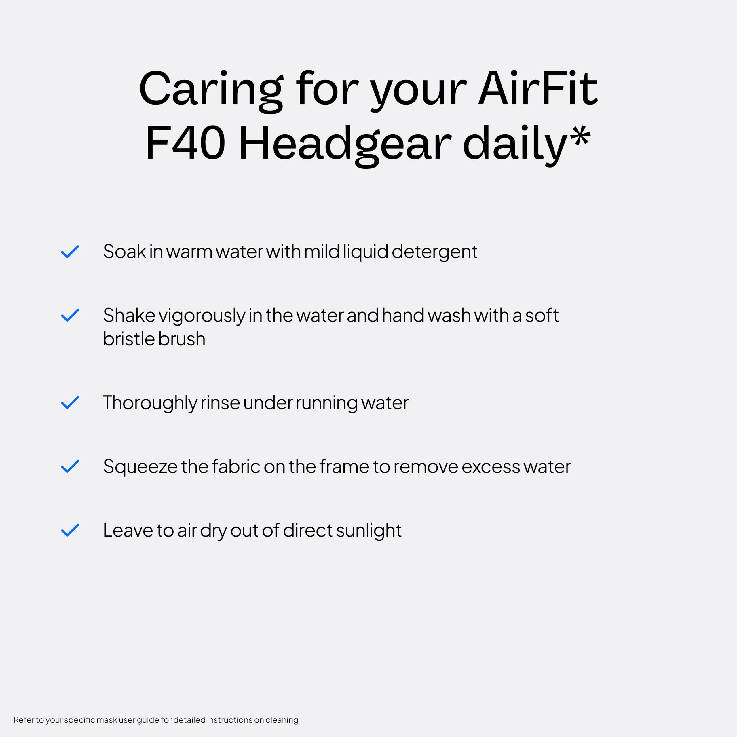 ResMed AirFit F40 small headgear fabric close-up demonstrating lightweight comfort