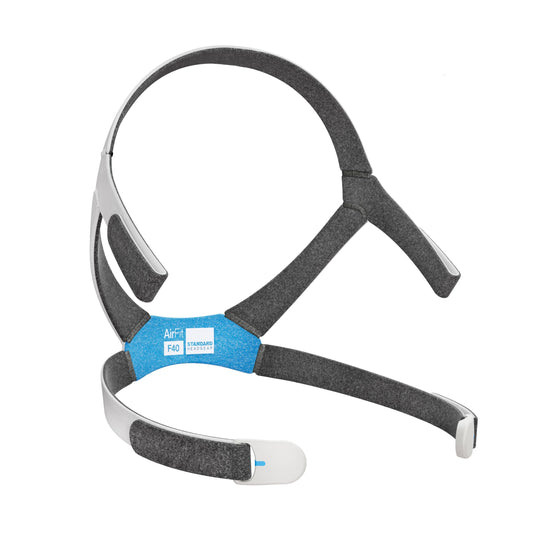 ResMed AirFit F40 standard replacement headgear with closure; adjustable for a secure fit.