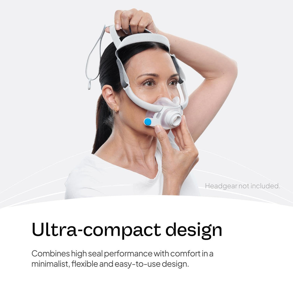 ResMed AirFit F40 soft silicone cushion conforms to facial contours.