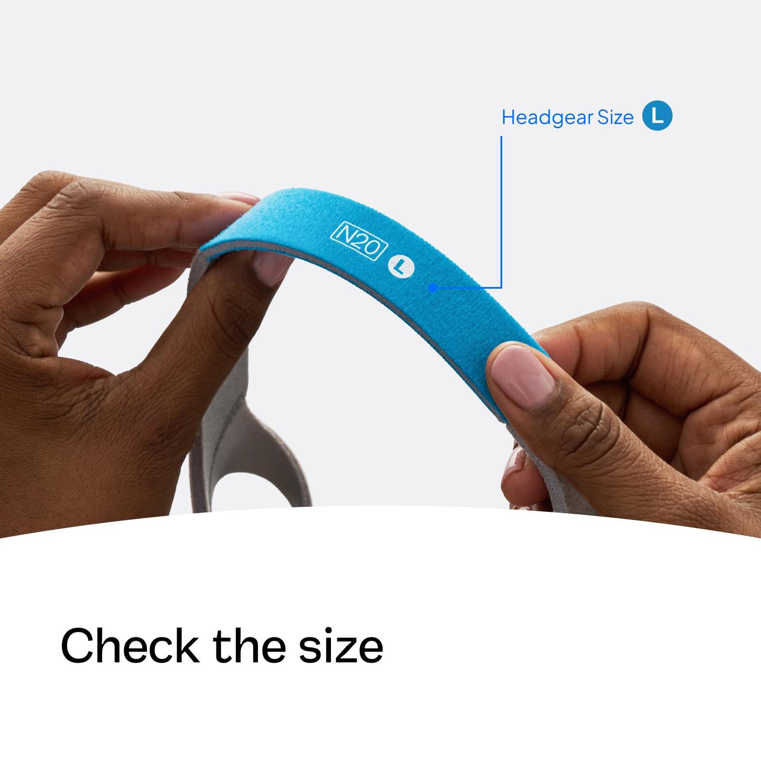 ResMed AirFit N20 headgear care instructions blue image suggests longevity tips.