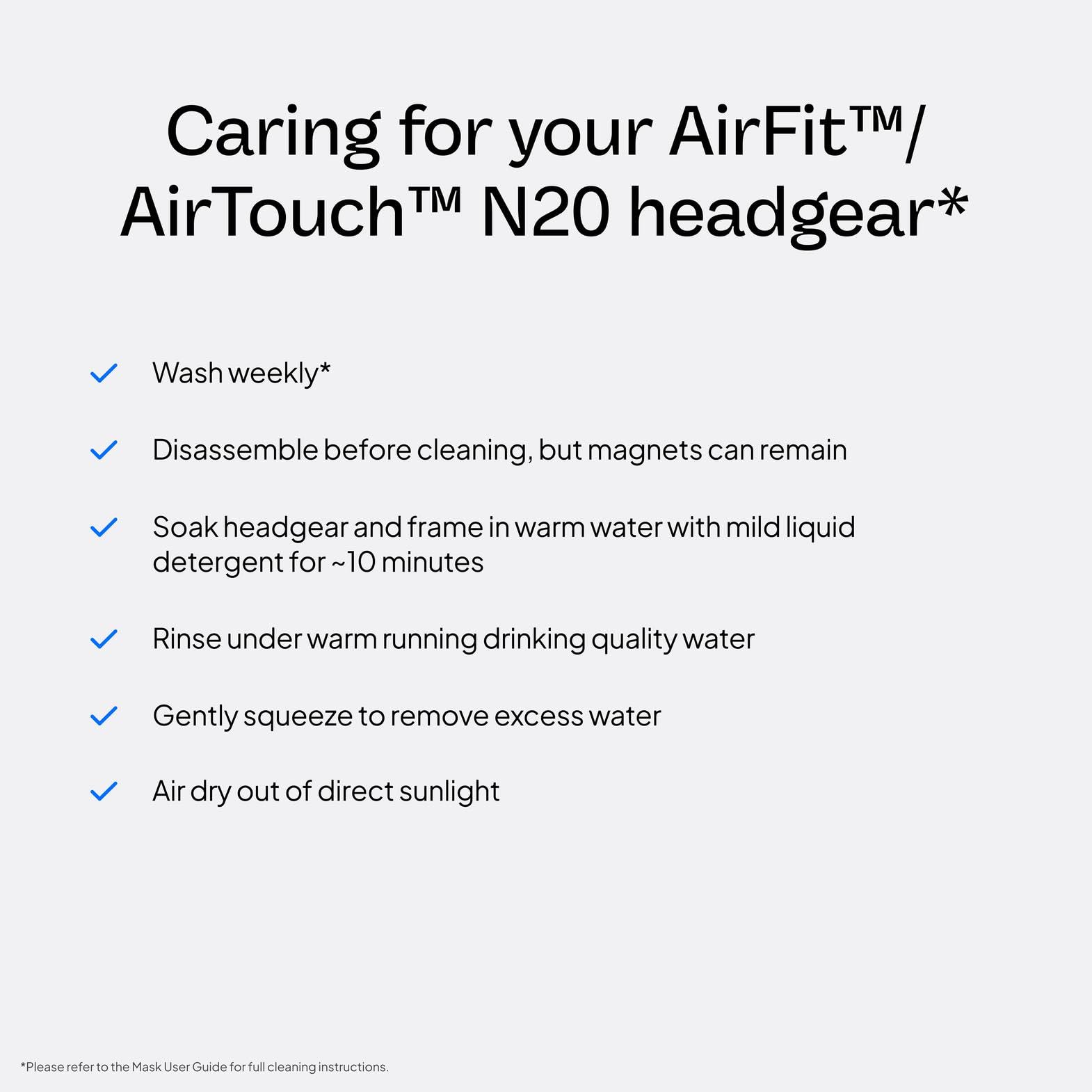 ResMed AirFit N20 headgear medium blue size demonstrates comfortable, secure wear.