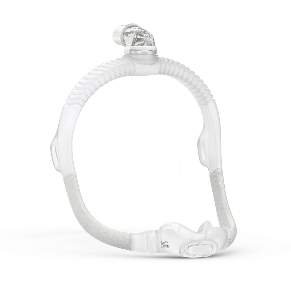 ResMed AirFit N30i frame with elbow and nasal cradle for secure, comfortable positioning.