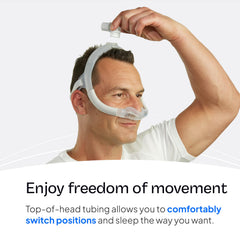 ResMed AirFit N30i relaxed-mobility frame under the nose reduces tubing interference.