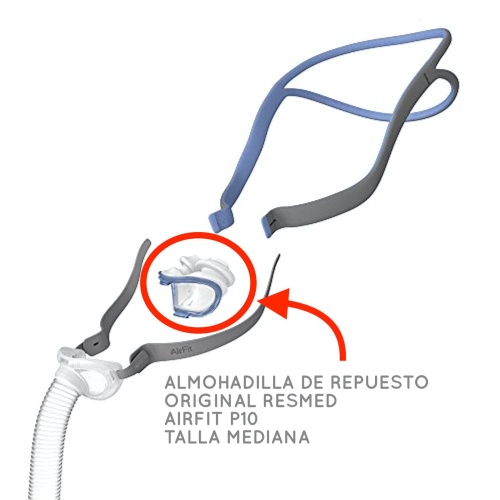 ResMed AirFit P10 nasal pillow medium, side view showing secure fit