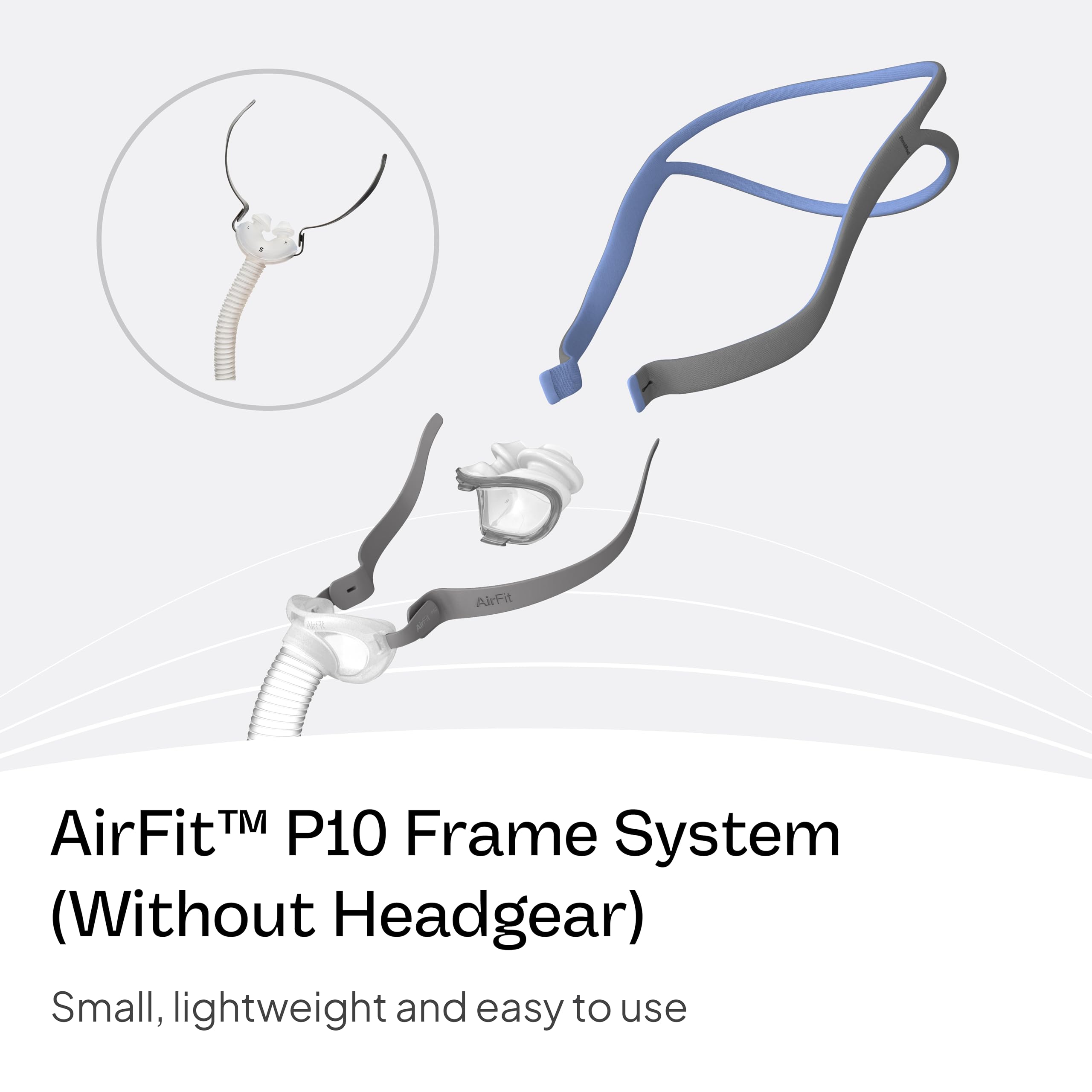 ResMed AirFit P10 QuickFit frame system shown for easy slip-on adjustment