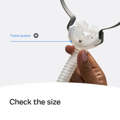 ResMed AirFit P10 short tube shown for lightweight, unobtrusive wear during sleep.