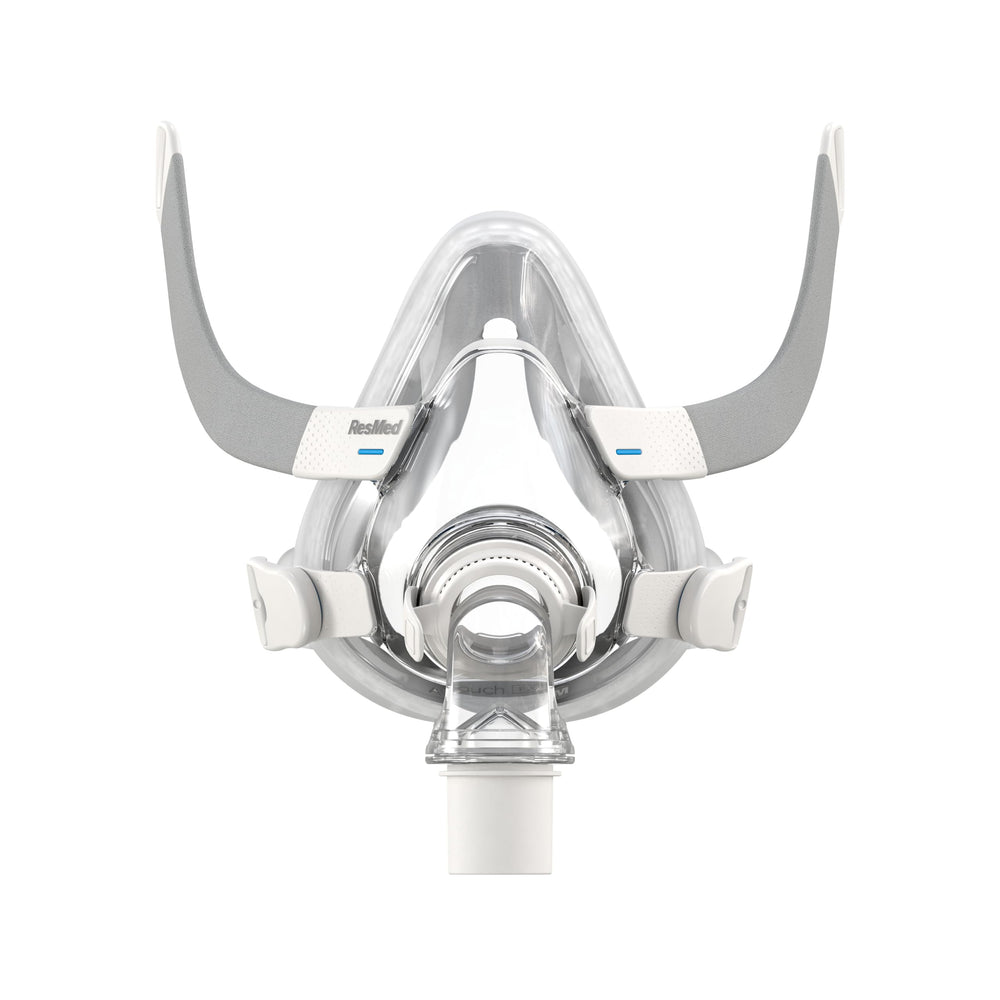 ResMed AirTouch F20 frame and elbow shown for quick-release detachment at night.