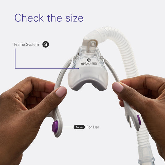 ResMed AirTouch N20 for Her elbow and frame showing quick-release design for simple nightly adjustments