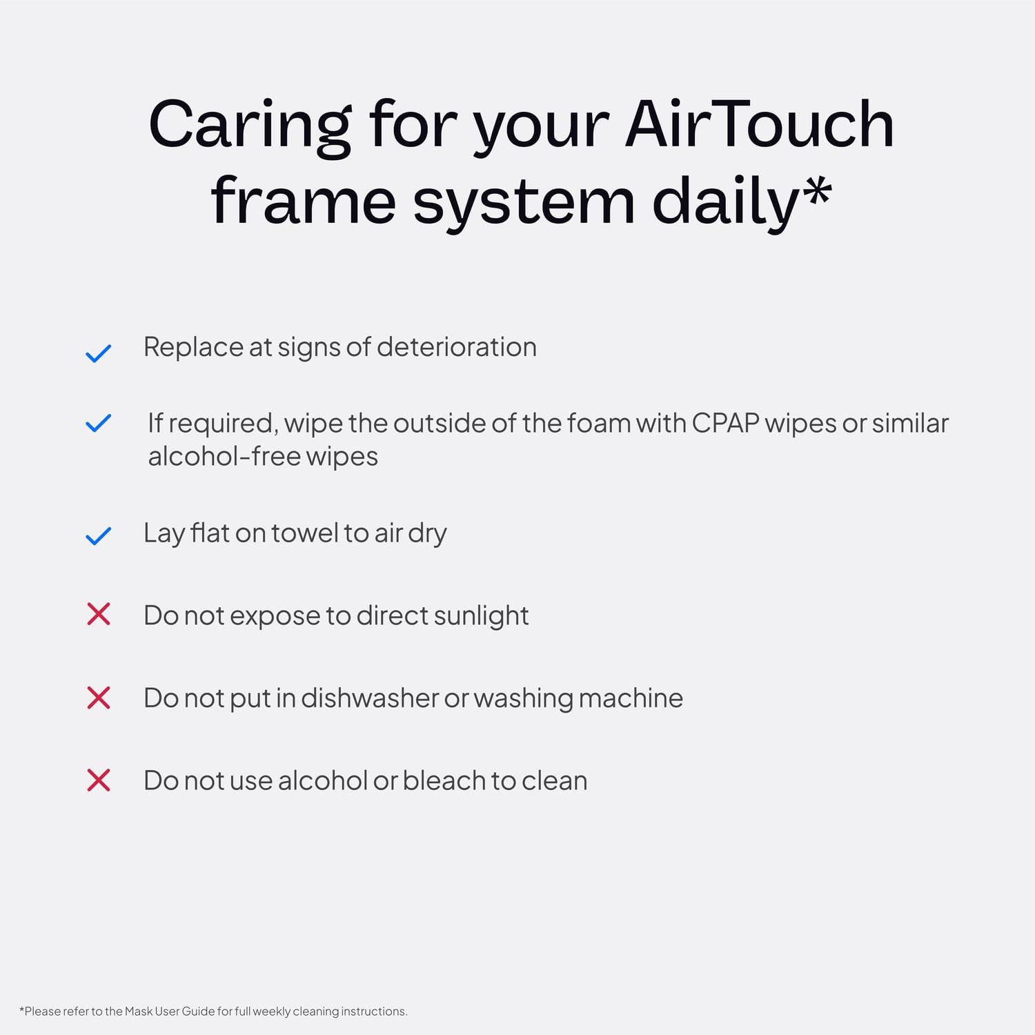 ResMed AirTouch N20 headgear not included; frame system ready for customization.