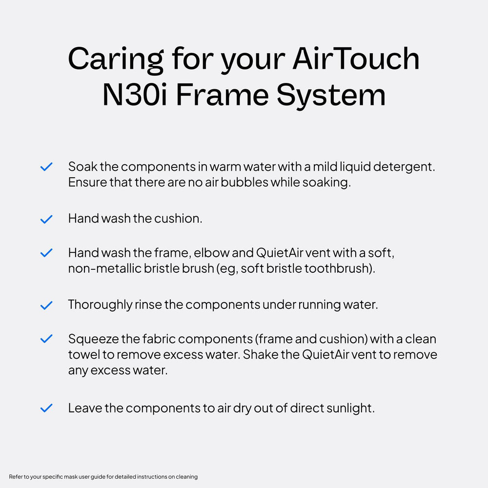 ResMed AirTouch N30i quick-release elbow enables easy detachment from tubing at night.
