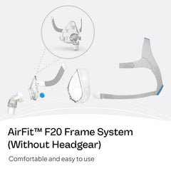 ResMed AirFit F20 frame connects easily to magnetic clips and quick-release elbow.