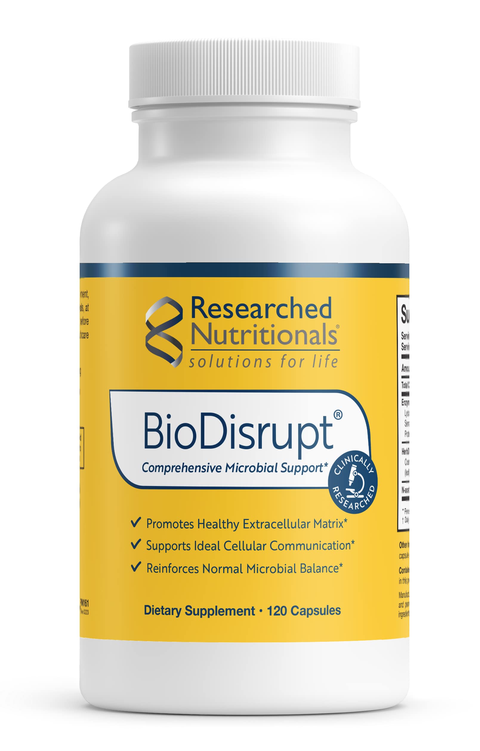 Researched Nutritionals BioDisrupt bottle showing biofilm matrix disruptor blend for potential support