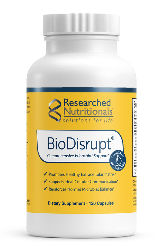 Researched Nutritionals BioDisrupt bottle showing biofilm matrix disruptor blend for potential support
