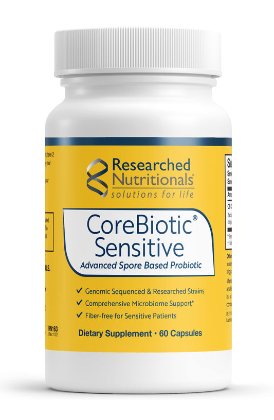 Researched Nutritionals CoreBiotic Sensitive capsules on bottle, supporting gentle gut balance for low FODMAP diets.