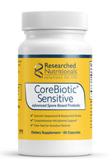 Researched Nutritionals CoreBiotic Sensitive capsules on bottle, supporting gentle gut balance for low FODMAP diets.