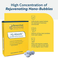 H2 Absorb glass of water and tablet setup shows ready-to-use hydration.