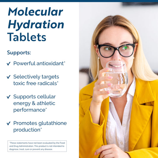 H2 Absorb tablet dissolving in water demonstrates quick, tasteless hydration.
