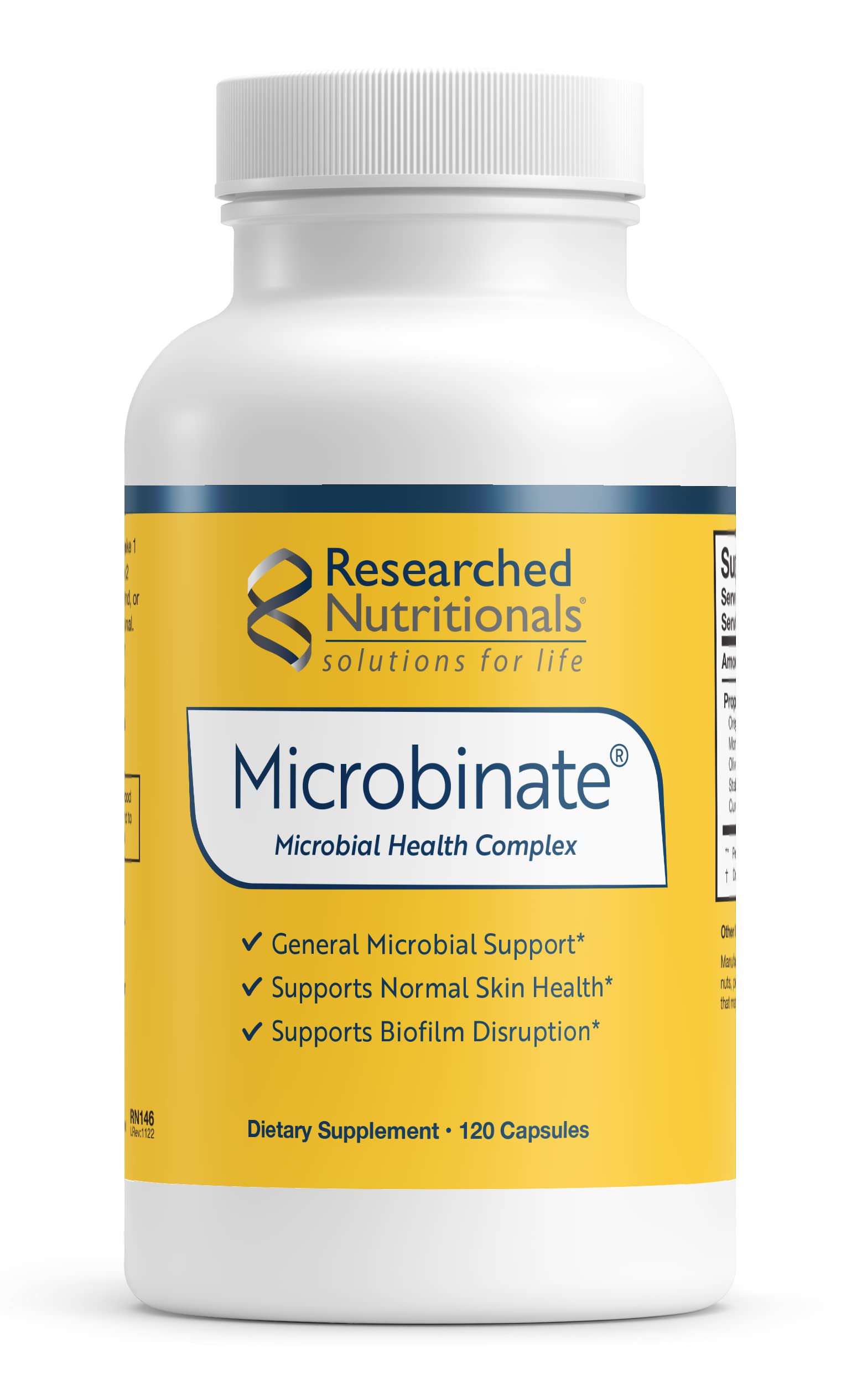 Researched Nutritionals Microbinate bottle front view highlighting microbial health focus