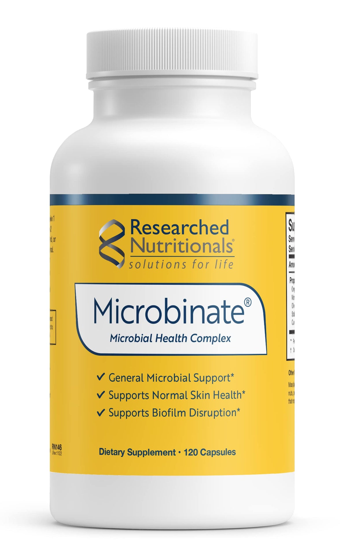Researched Nutritionals Microbinate bottle front view highlighting microbial health focus