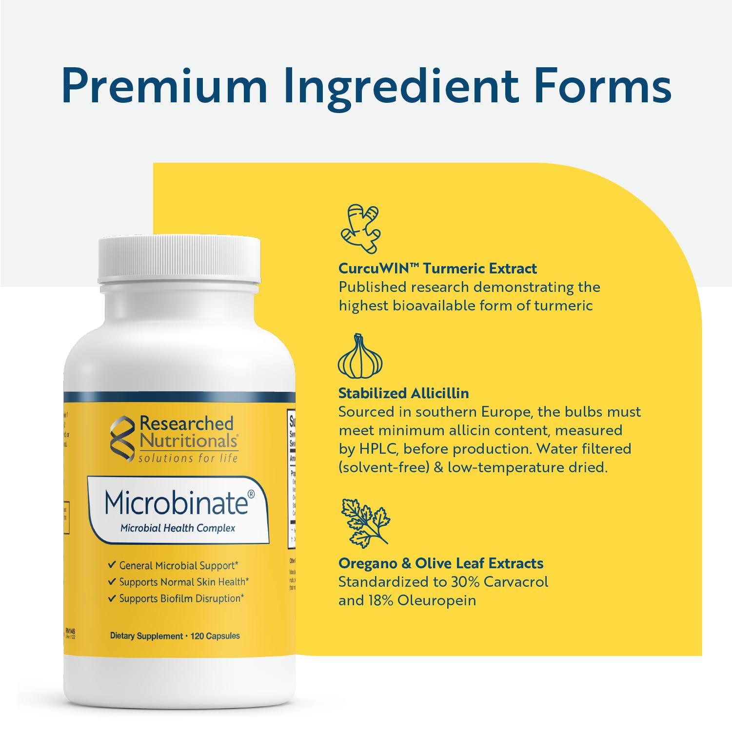 Researched Nutritionals Microbinate with olive leaf extract visible, signaling natural ingredients